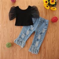 Polyester Slim Girl Clothes Set see through look & two piece Pants & top patchwork Solid two different colored Set