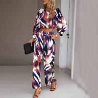 Polyester Waist-controlled & High Waist Women Casual Set & two piece & loose Long Trousers & top printed Set