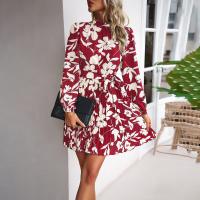 Polyester Waist-controlled & Pleated One-piece Dress slimming printed floral PC