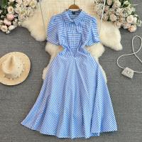 Polyester Waist-controlled Shirt Dress slimming striped blue PC