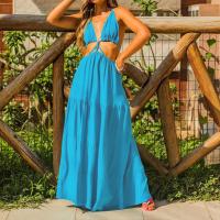 Polyester Beach Dress backless & hollow Solid blue PC