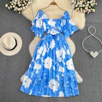 Polyester Waist-controlled One-piece Dress & off shoulder printed blue and white PC