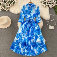 Polyester Waist-controlled & Slim One-piece Dress printed blue and white PC