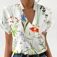 Polyester Women Short Sleeve Shirt deep V & loose & breathable printed PC