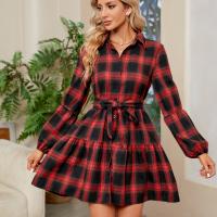 Polyester Waist-controlled One-piece Dress plaid red PC