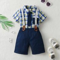 Cotton Boy Clothing Set & three piece suspender pant & top patchwork Solid Set