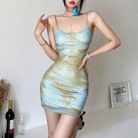 Polyester Waist-controlled & Slim Sexy Package Hip Dresses midriff-baring & backless patchwork Others blue PC