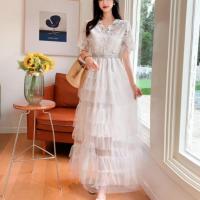 Gauze & Lace Slim & A-line & High Waist One-piece Dress patchwork : PC