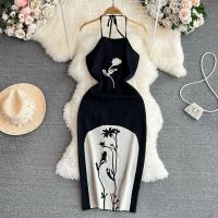 Polyester Waist-controlled Halter Dress slimming printed floral white and black : PC