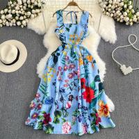 Polyester Waist-controlled Slip Dress slimming printed floral blue PC
