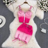 Denim Slim Two-Piece Dress Set midriff-baring pink Set