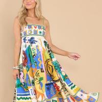 Polyester One-piece Dress large hem design & off shoulder & breathable printed yellow PC
