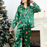 Polyester Women Pajama Set christmas design & two piece & loose Pants & top printed Cartoon green Set