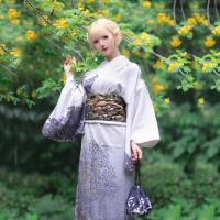 Poliéster Conjunto de disfraces de kimono, Disfraz de kimono & cinturón, impreso, estremecimiento, gris,  trozo