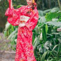 Polyester Kimono Costume Set Cute & loose belt printed shivering red PC