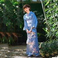 Poliéster Conjunto de disfraces de kimono, Disfraz de kimono & cinturón, impreso, estremecimiento, azul,  trozo