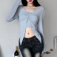 Polyester Waist-controlled & High Waist Women Casual Set midriff-baring patchwork Solid blue PC