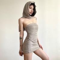 Polyester Waist-controlled & High Waist Sexy Package Hip Dresses backless & two piece & off shoulder Neck Collar & skirt patchwork Others gray Set