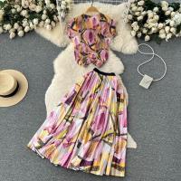 Mixed Fabric Pleated Two-Piece Dress Set slimming printed Set