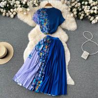 Poliéster Juego de vestidos de dos piezas, impreso, floral, azul,  Conjunto