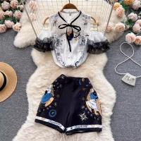 Polyester High Waist Women Casual Set & off shoulder short & top printed white and black Set