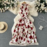 Mixed Fabric Slim One-piece Dress large hem design printed floral red and white PC