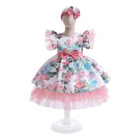 Cotton Girl One-piece Dress Cute & with bowknot & breathable Hair Band printed floral cameo PC