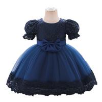 Polyester Soft Girl One-piece Dress Cute & with bowknot printed Solid blue PC