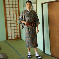 Polyester Men Kimono loose Kimono Costume & belt printed blue PC