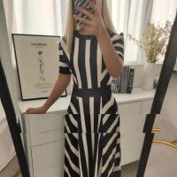 Polyester Waist-controlled & Slim One-piece Dress printed striped black PC