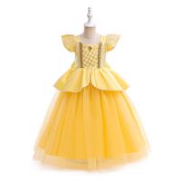 Sequin & Cotton Princess Girl One-piece Dress Cute & large hem design printed Solid yellow PC