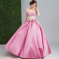 Polyester floor-length Long Evening Dress large hem design & backless & off shoulder embroider Solid pink PC