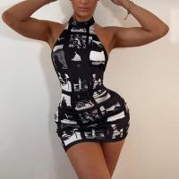 Polyester Slim Sexy Package Hip Dresses backless printed black PC