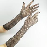 Mesh Fabric Women Long Gloves hollow iron-on black Pair