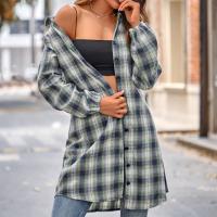 Polyester Women Long Sleeve Shirt mid-long style & slimming printed plaid PC