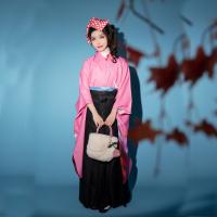 Poliéster Conjunto de disfraces de kimono, Disfraz de kimono & cinturón, impreso, estampados de animales, rosado,  trozo