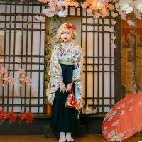 Polyester Kimono Costume Set Cute Kimono Costume & belt printed floral green PC