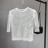 Polyester Women Short Sleeve Blouses see through look & loose & with rhinestone : PC