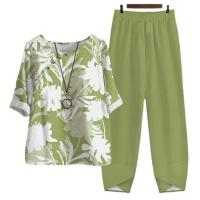 Polyester Plus Size & High Waist Women Casual Set & two piece & loose Long Trousers & top printed floral green Set