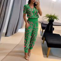 Polyester High Waist Women Casual Set & two piece & loose Long Trousers & top printed Set