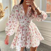Polyester Plus Size One-piece Dress deep V printed white PC