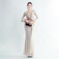 Sequin & Polyester Slim Long Evening Dress deep V embroidered PC