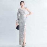 Sequin & Polyester Slim Long Evening Dress side slit & One Shoulder Solid PC