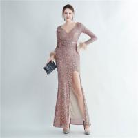 Sequin & Spandex & Polyester Slim Long Evening Dress deep V & side slit Solid PC