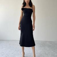 Polyester Slim Slip Dress backless patchwork Solid black PC