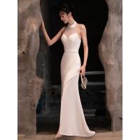 Polyethylene fiber-Ethylene front slit Long Evening Dress backless patchwork Solid white PC