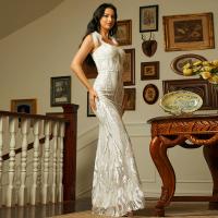Sequin & Polyester floor-length Long Evening Dress deep V & off shoulder white PC