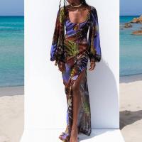 Polyester One-piece Dress side slit & hollow printed PC