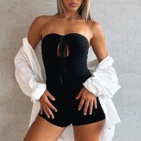 Polyester Women Romper backless & hollow patchwork Solid black PC