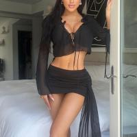 Polyester scallop Two-Piece Dress Set midriff-baring patchwork Solid black Set